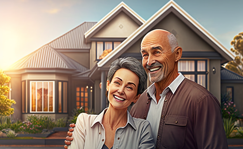 A couple standing in front of a house.